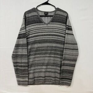 Reunion Menswear Sweater Mens L Gray Striped V-Neck Knit Pullover